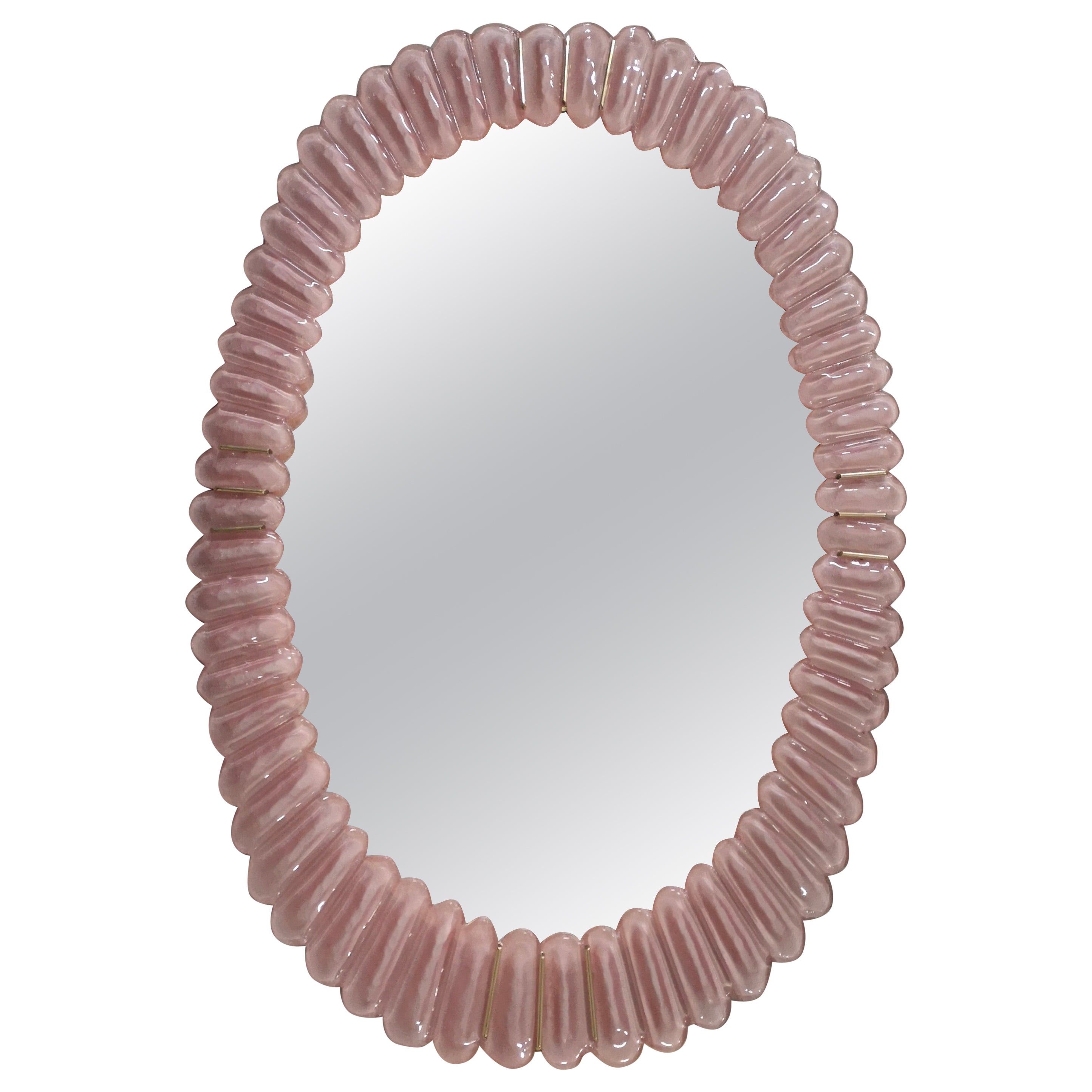 Murano Oval Pink Art Glass and Brass Mid-Century Console / Wall Mirror, 2020