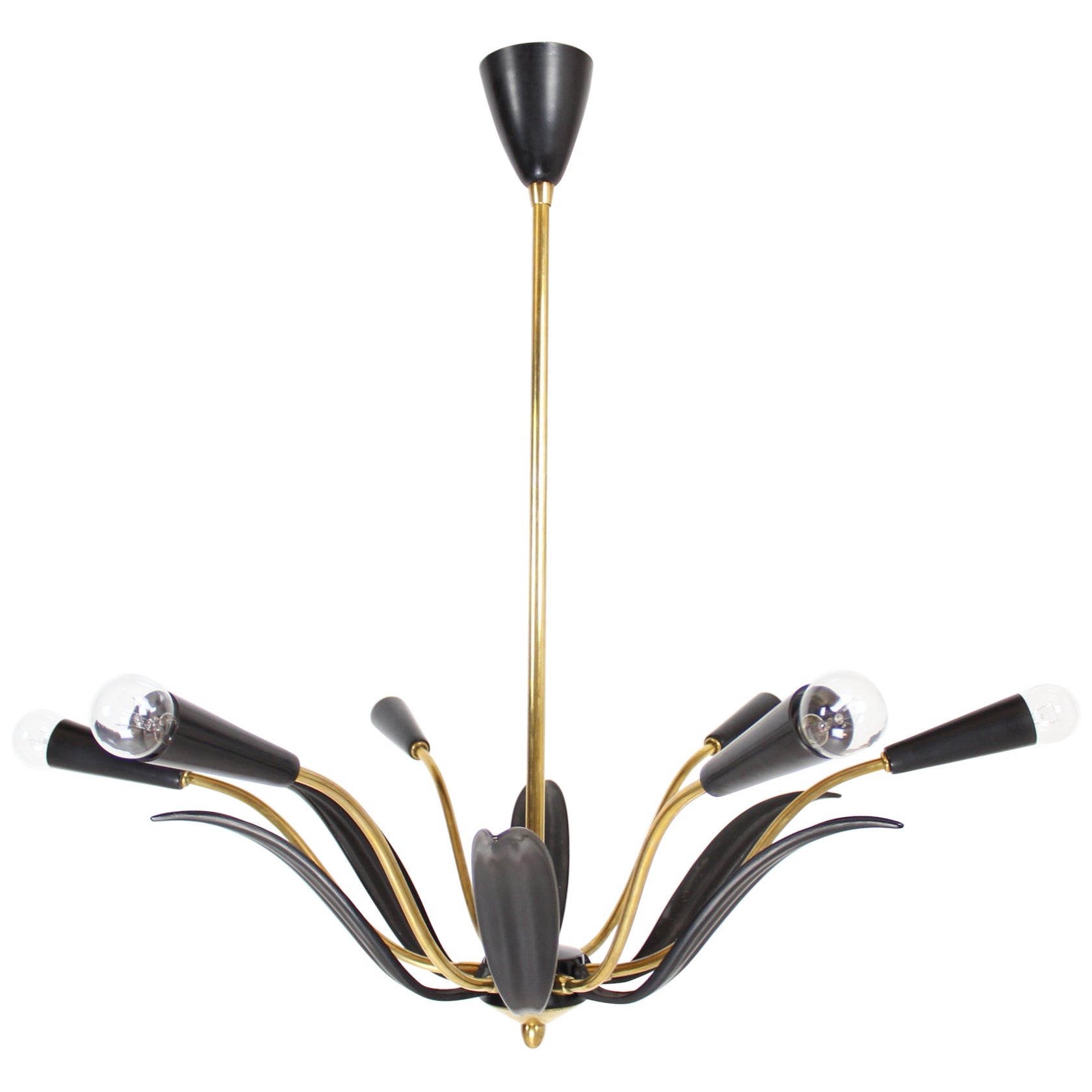 Lustre italien Stilnovo Mid Century Modern, laiton noir et doré, années 1950 en vente
