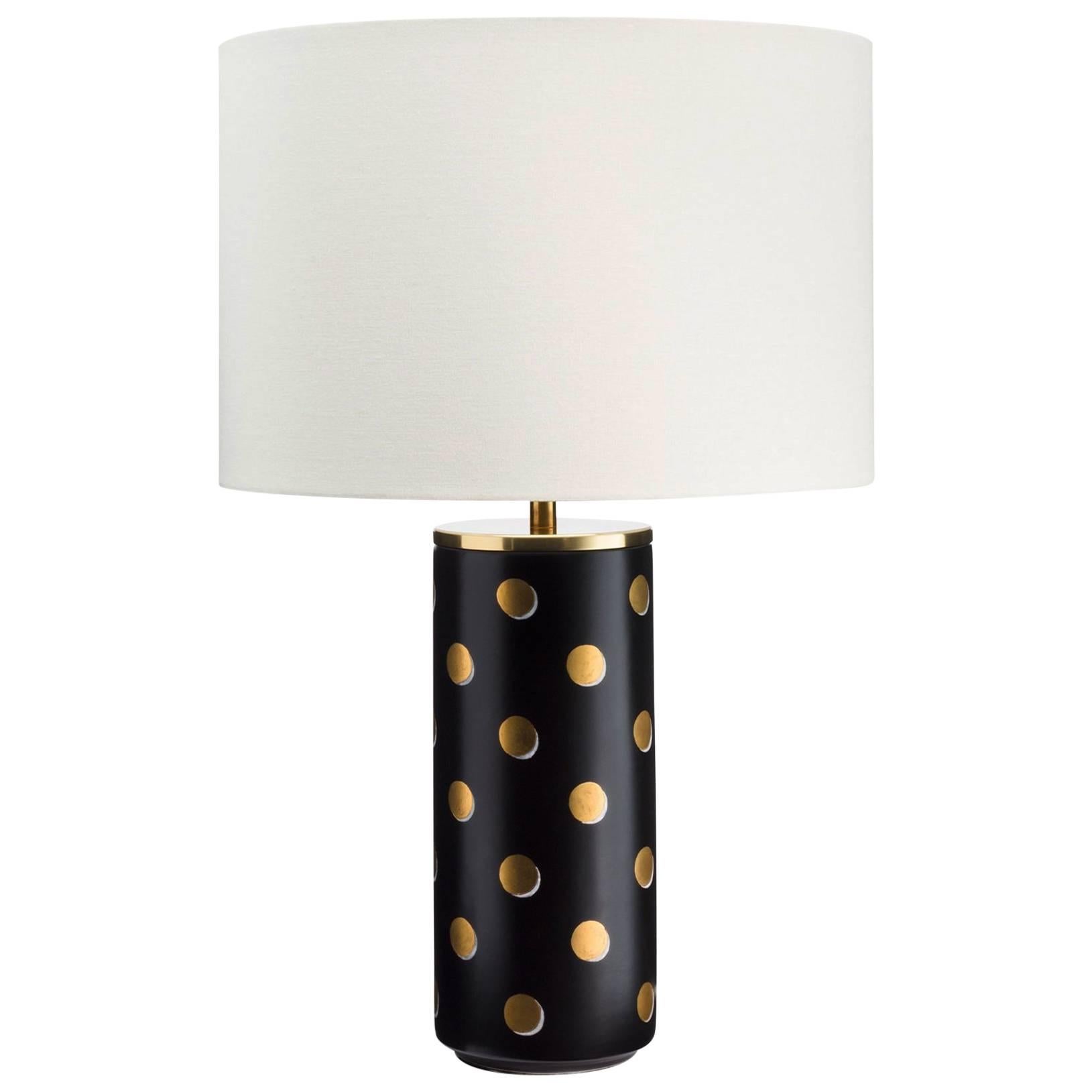 Cylindrical Table Lamp in Satin Black and Gold Polka Dots For Sale
