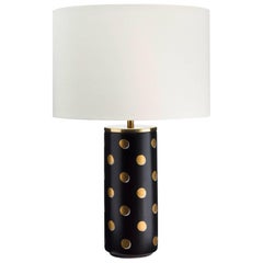 Cylindrical Table Lamp in Satin Black and Gold Polka Dots
