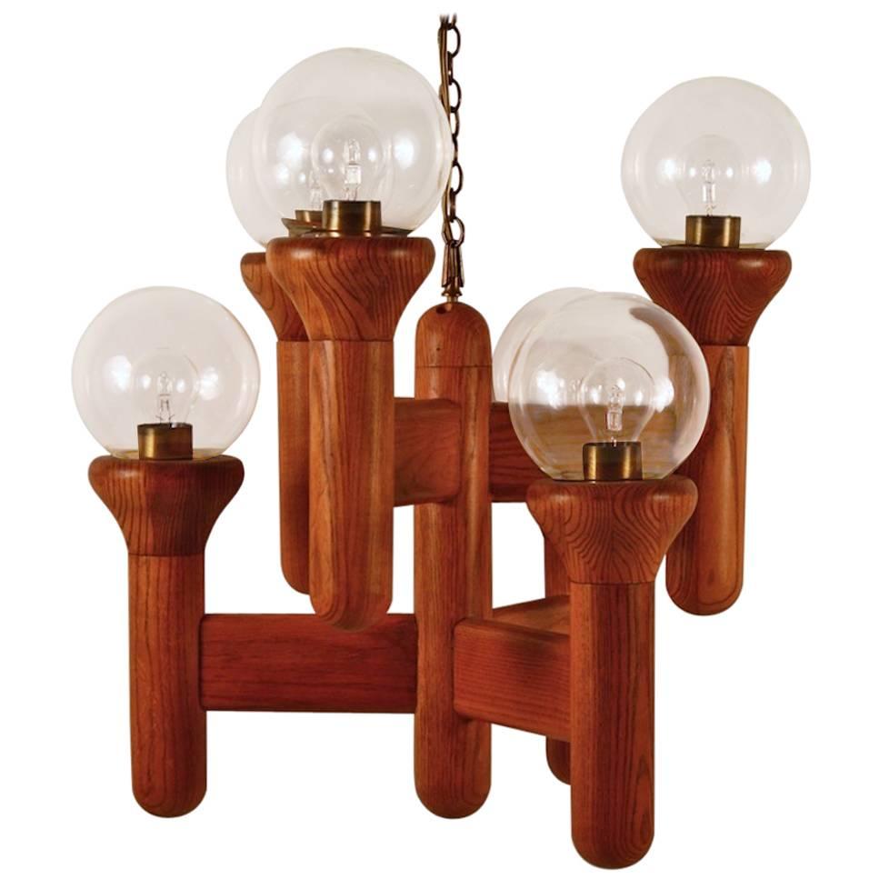 Mod Oak and Glass Six-Light Chandelier