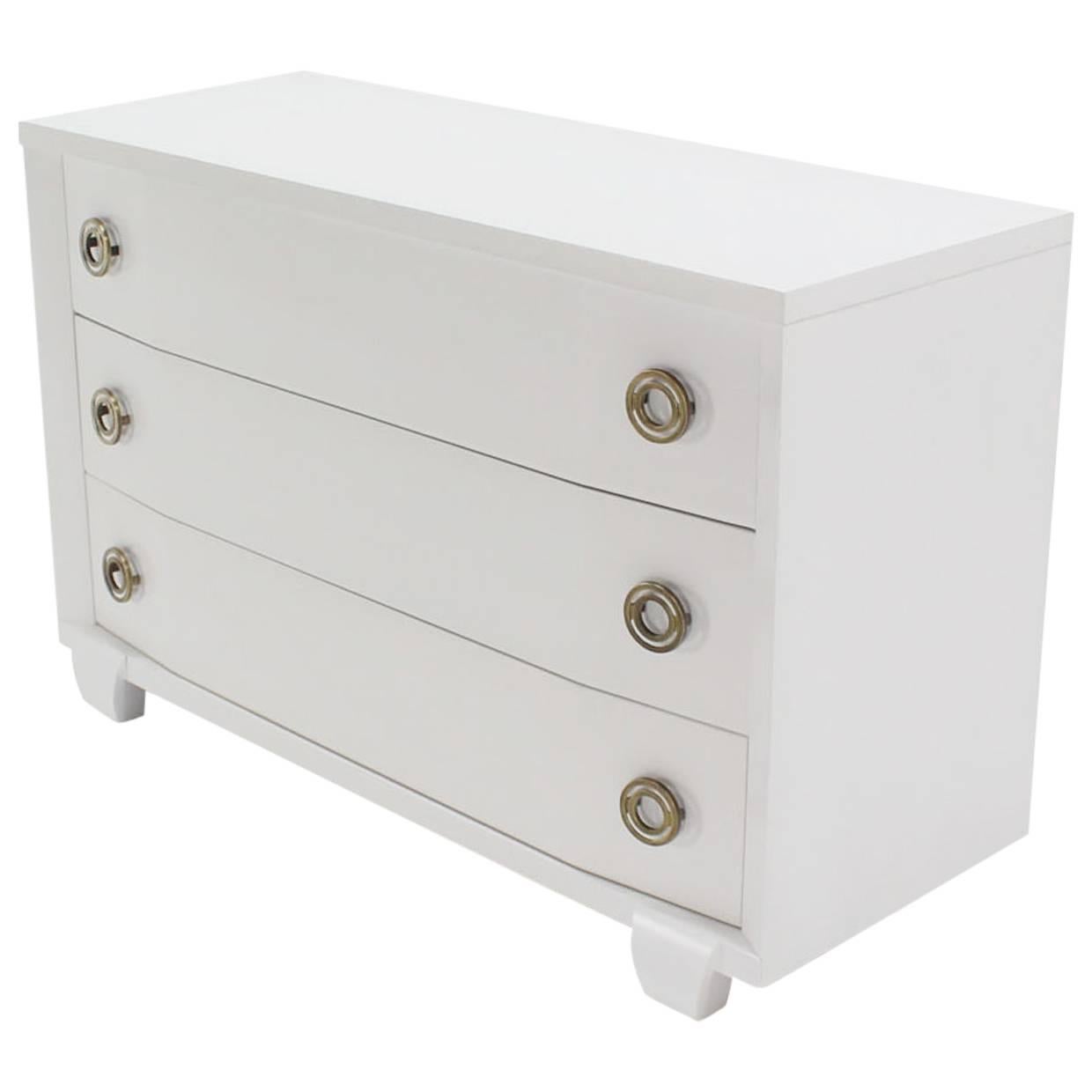 White Lacquer Mid Century Modern Three Drawer Dresser w/ Round Deco Pulls