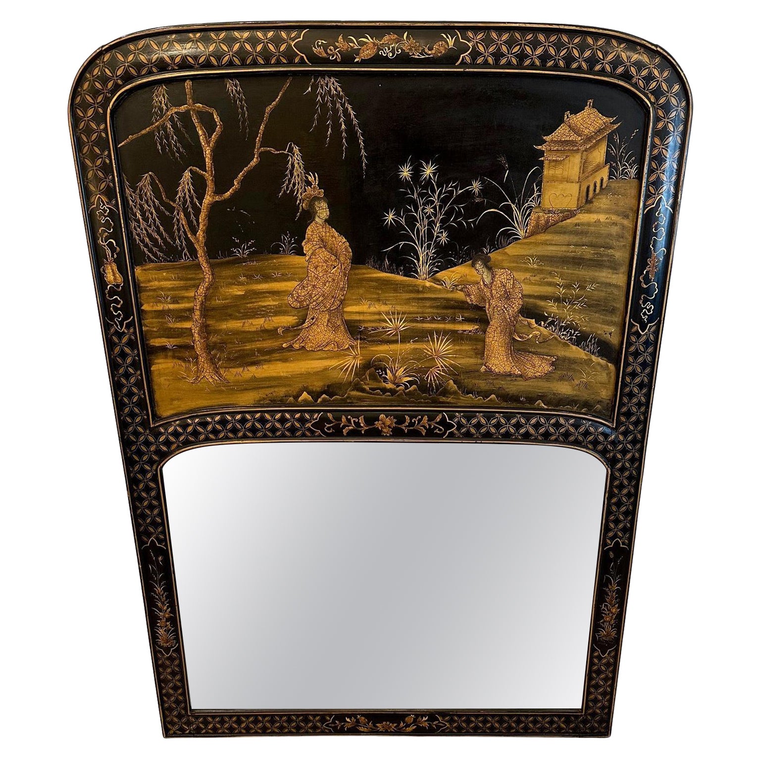 Magnifique grand miroir chinois figuratif peint à la main