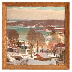 Antique Carl Lawless Oil On Canvas Painting Of Mystic, Connecticut C1930