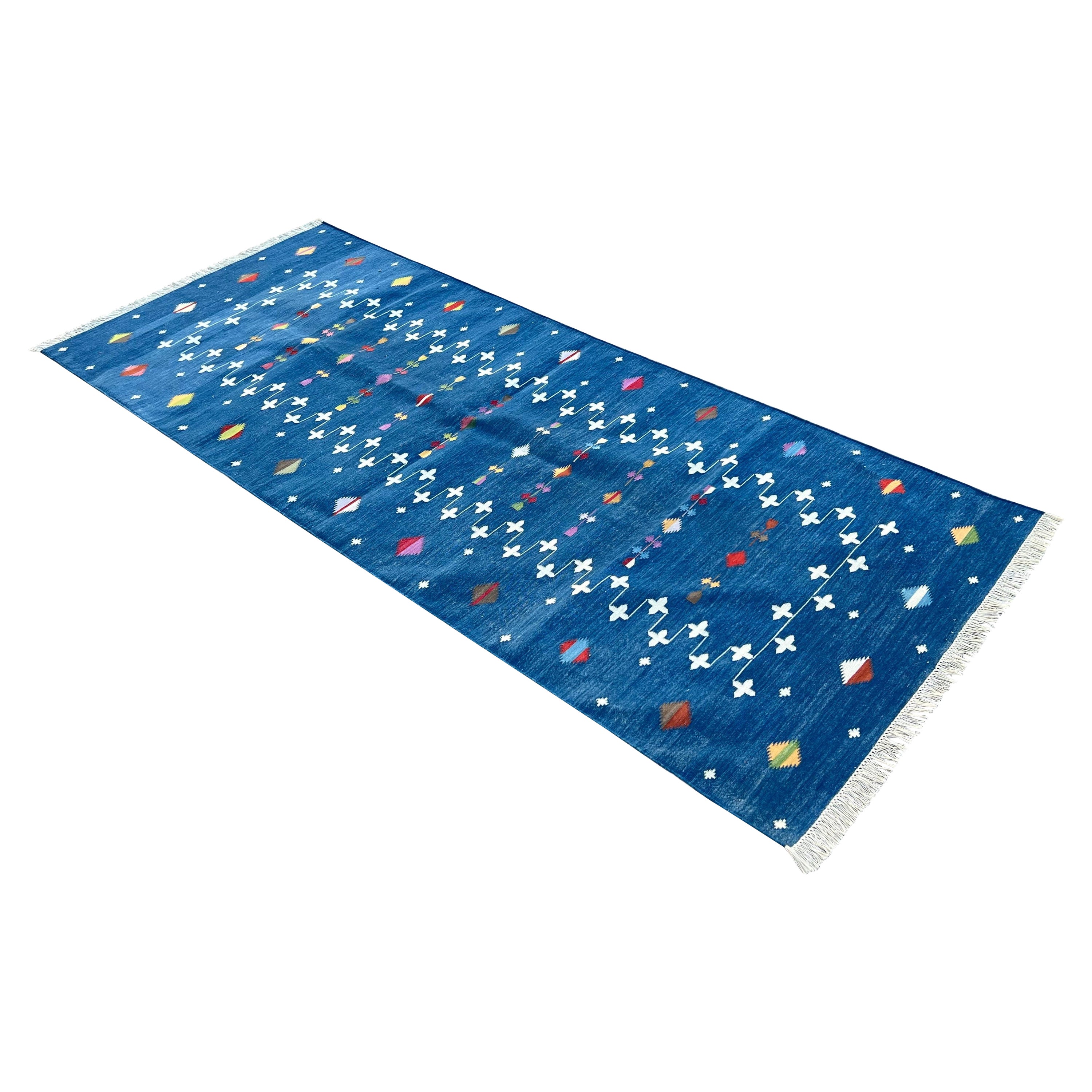 Handmade Cotton Area Flat Weave Runner, 3x10 Blue Shooting Star Indian Dhurrie