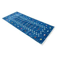 Runner a tessitura piatta in cotone fatto a mano, 3x16 Blue Shooting Star Indian Dhurrie