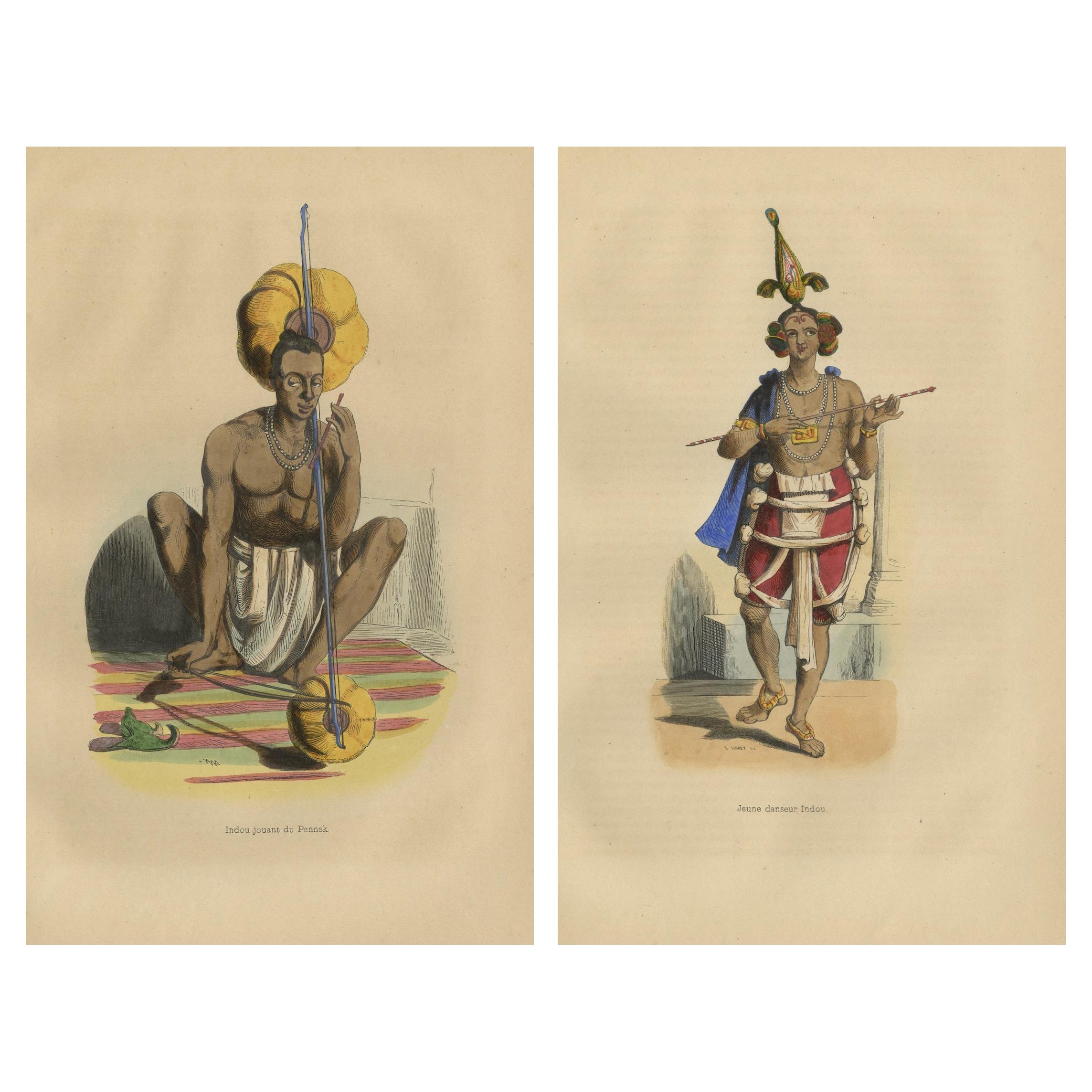 1844 Stampe culturali indiane vibranti: Litografie di musicisti e danzatori