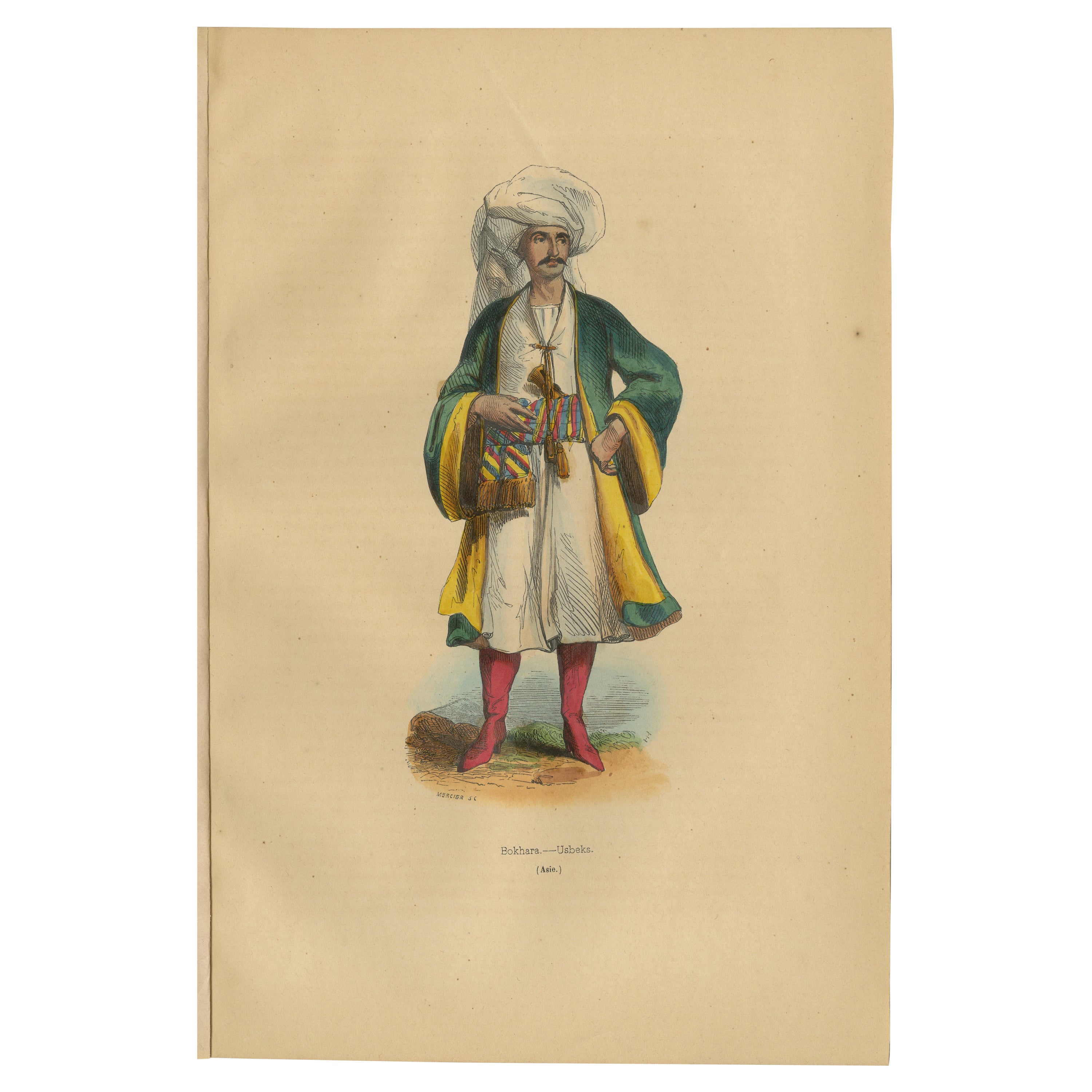 Litografía de 1844 de un uzbeko bukharan: atuendo tradicional y artesanía en venta