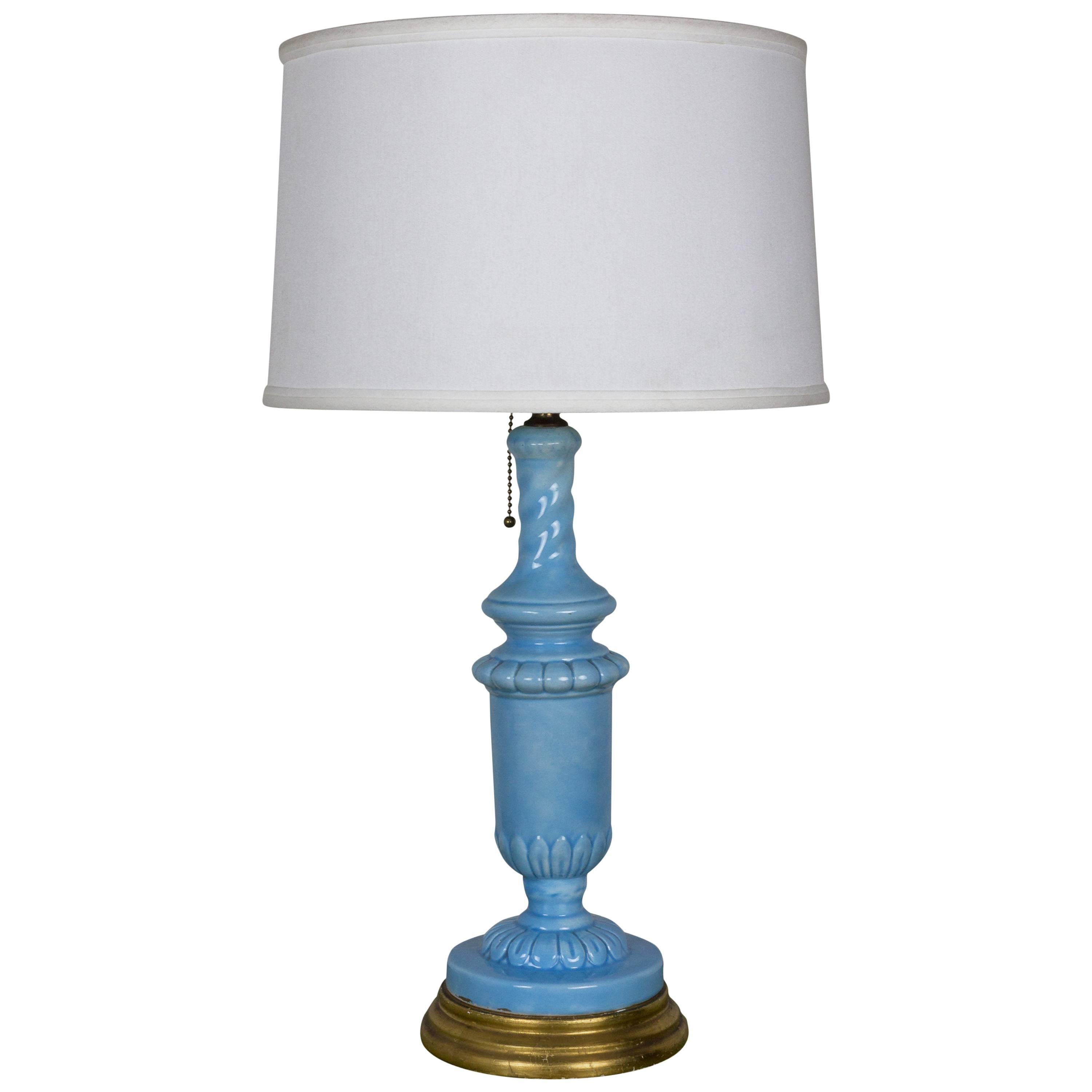 European Periwinkle Blue Ceramic Table Lamp With Giltwood Base For Sale