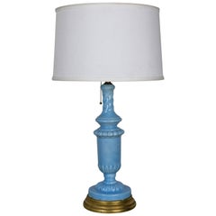 European Periwinkle Blue Ceramic Table Lamp With Giltwood Base