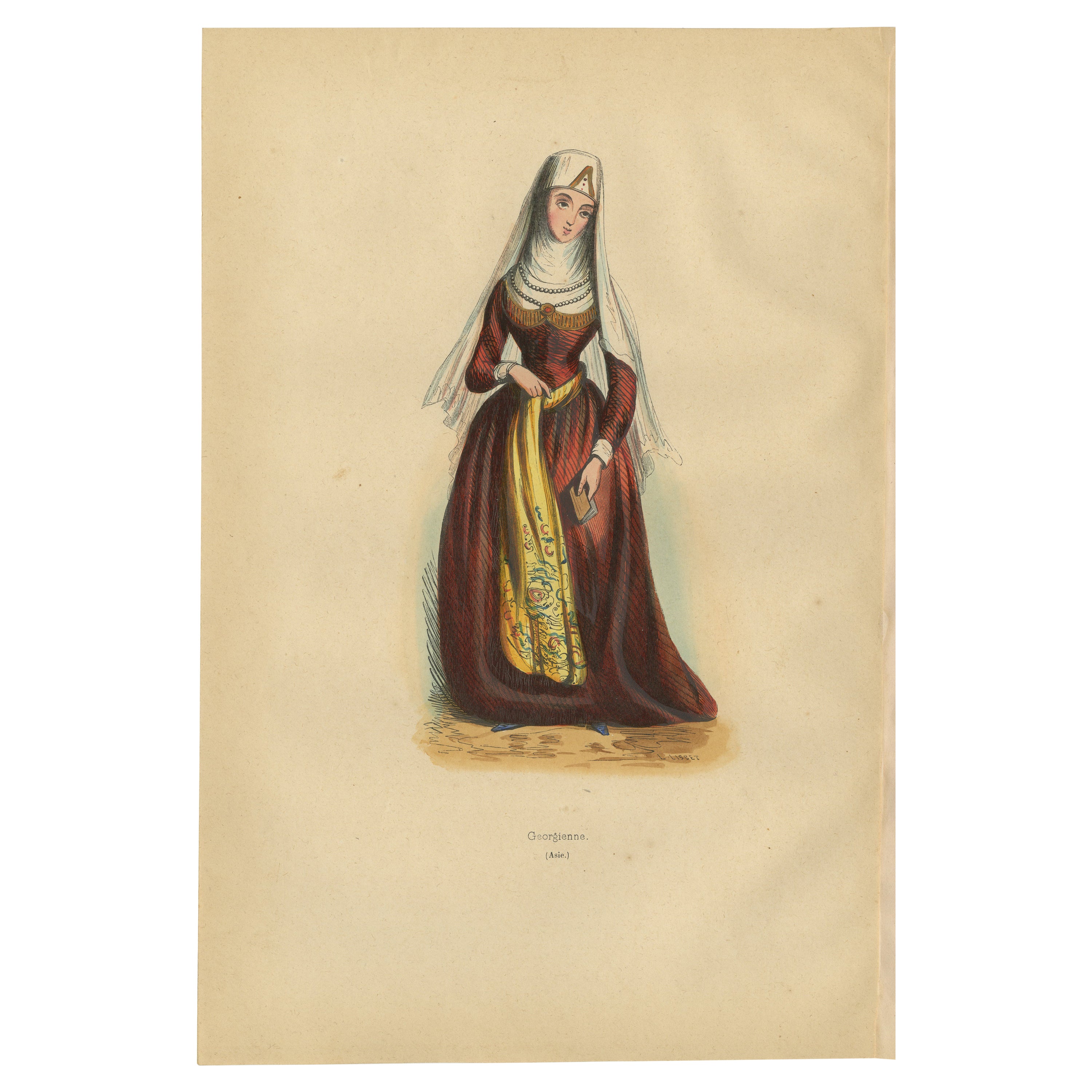 Exquisite 1844 Lithograph of Traditional Georgian Woman in Full Attire