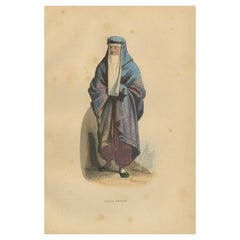 Elegante litografía de 1844 de una mujer persa con atuendo tradicional