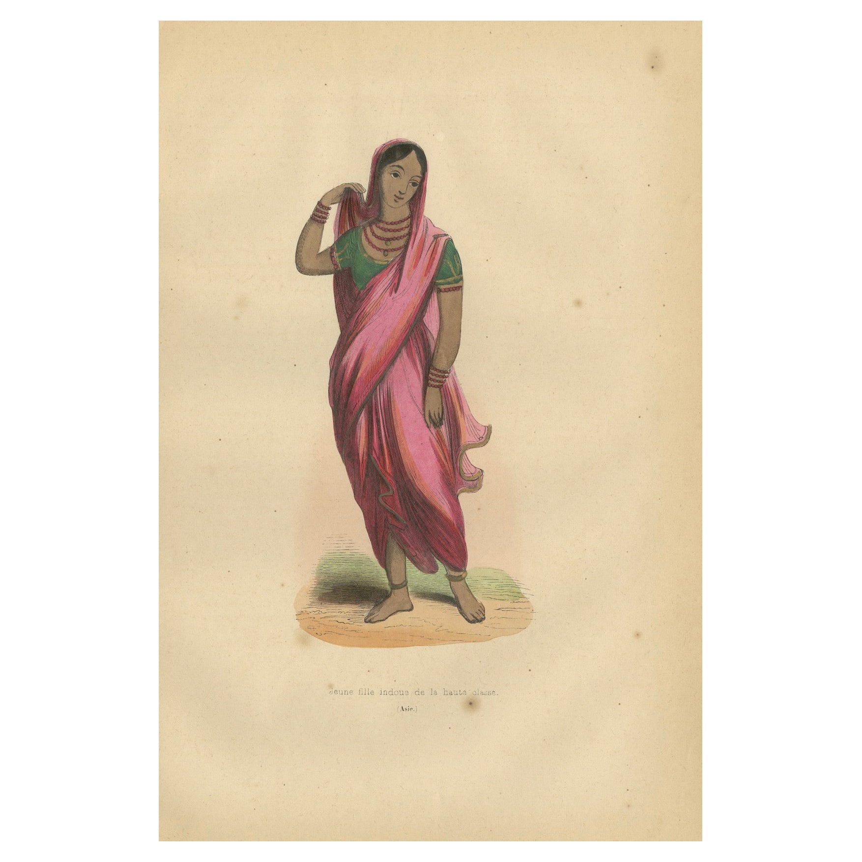 Elegant 1844 Lithograph of a High-Class Indian Woman in Traditional Saree