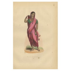 Elegante litografía de 1844 de una mujer india de clase alta con sari tradicional