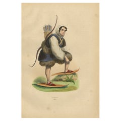Antique 1844 Lithograph of a Samoyedic Archer in Traditional Winter Gear