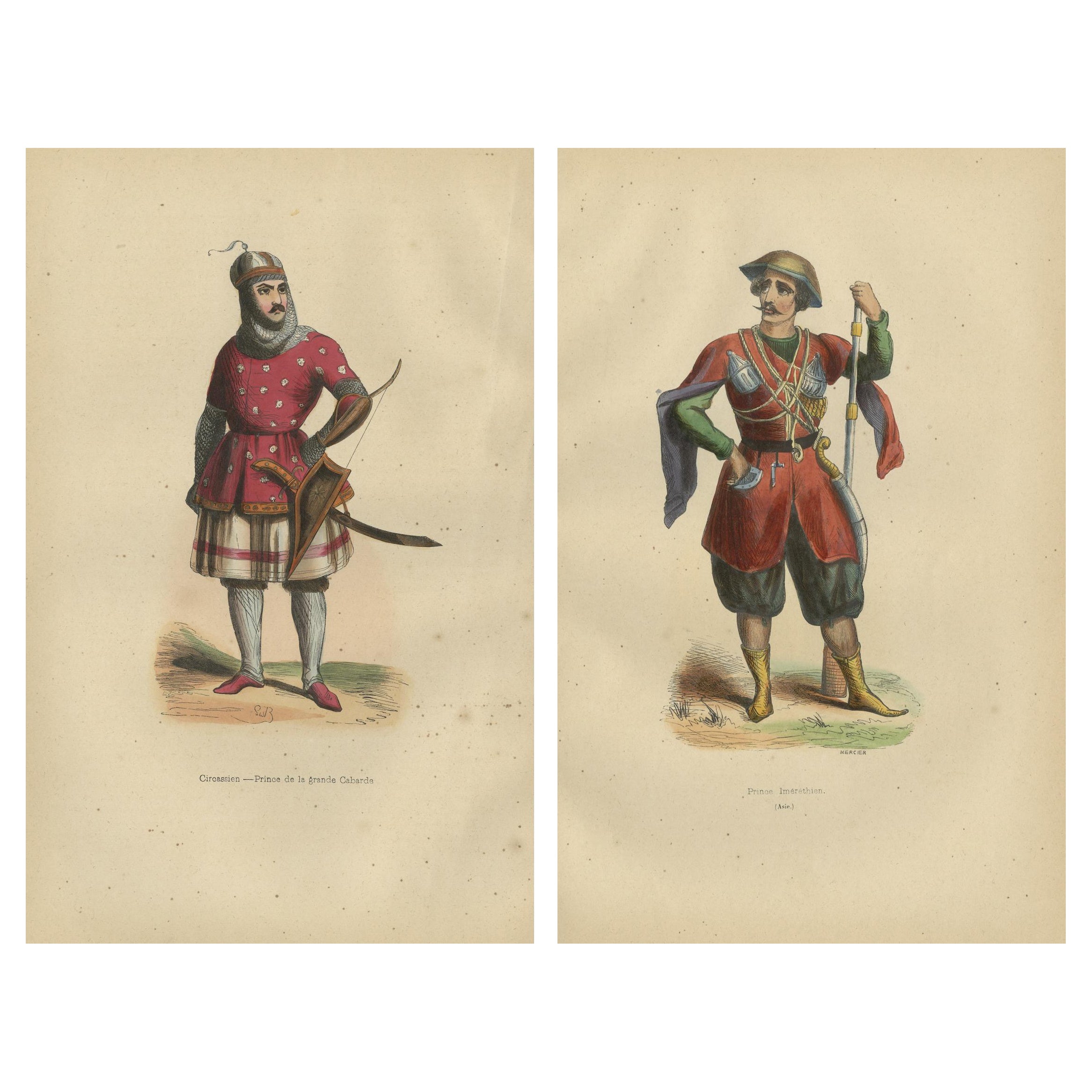Príncipes circasianos e imerecianos con atuendo tradicional, litografías de 1844