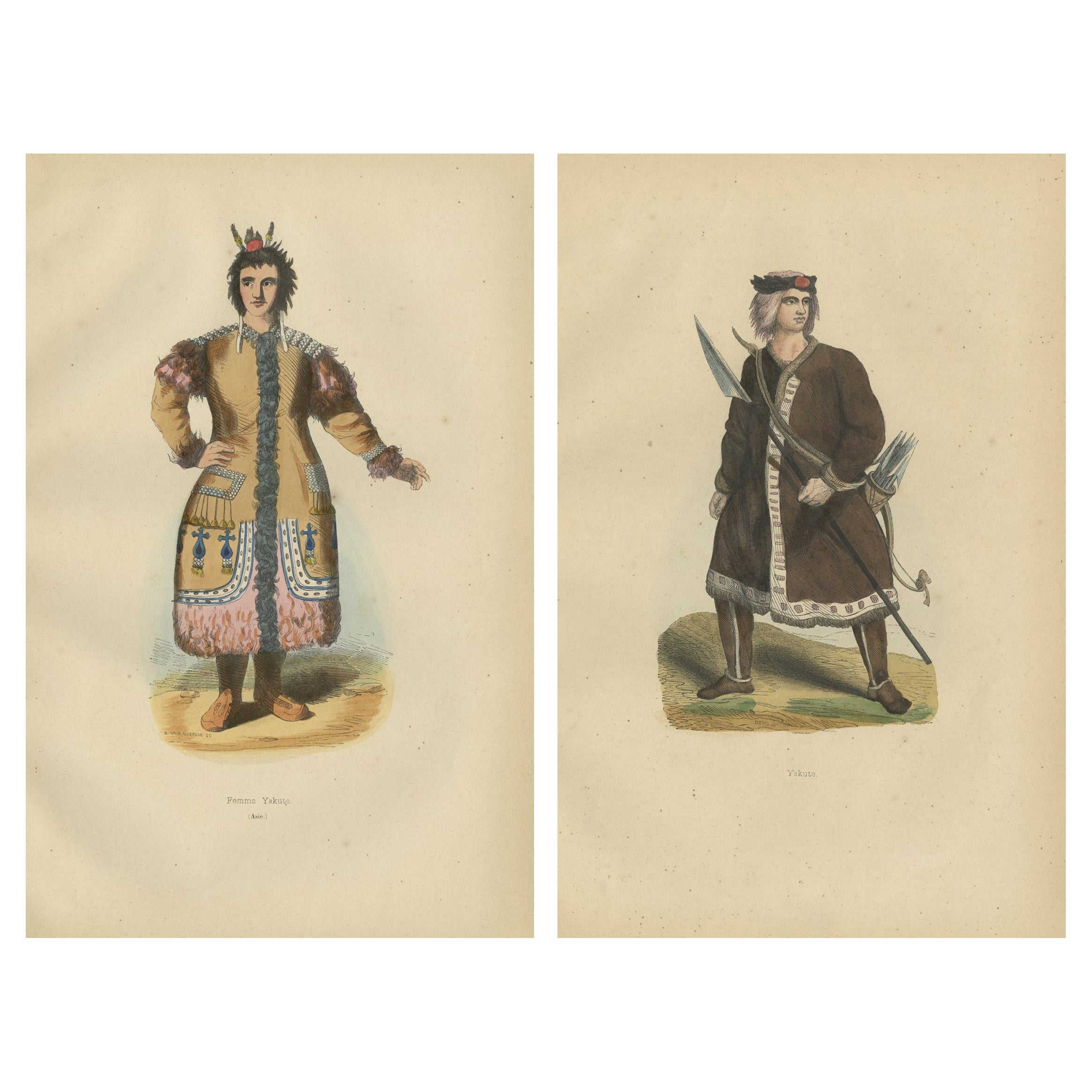Yakut People in Traditional Attire, 1844 Handcolored Lithographs