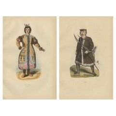 Yakut People in Traditional Attire, 1844 Handcolored Lithographs
