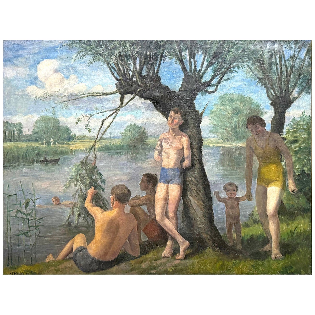 "Lost in Thought", Large Painting of Young Man and Bathers, Felix Meseck, 1938