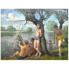 "Perso nei pensieri", grande dipinto di giovane uomo e bagnanti, Felix Meseck, 1938