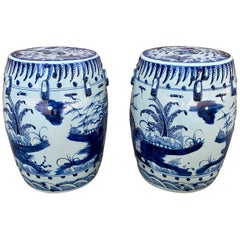 Chinoiserie Blue and White Porcelain Garden Stools or Side Tables, Pair
