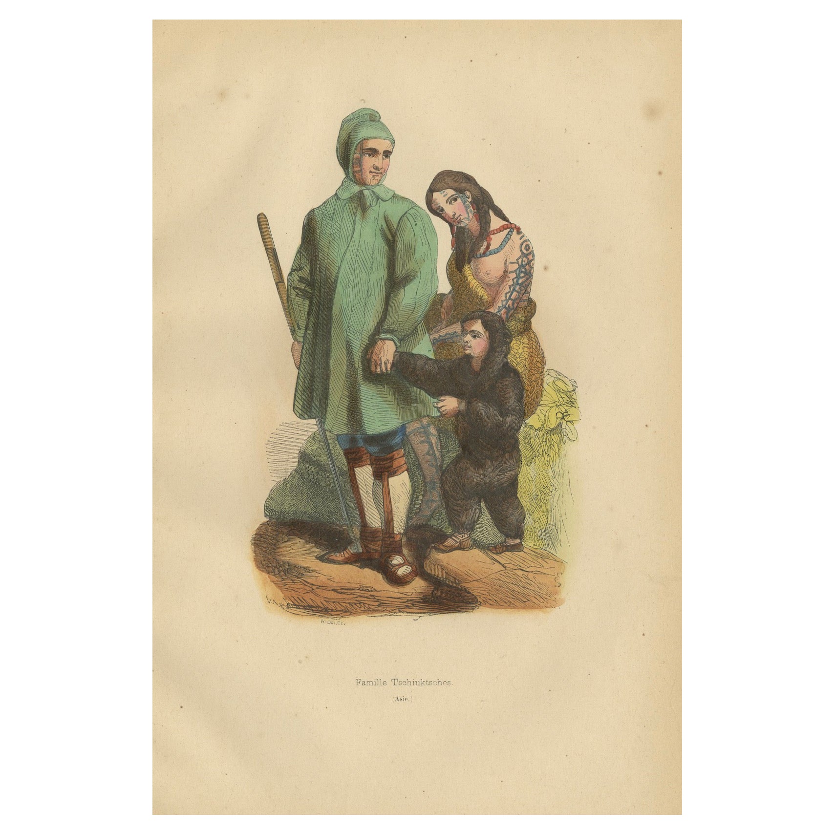 Vibrant 1844 Handcolored Lithograph of Siberian Tschuktsches or Chukchi Family