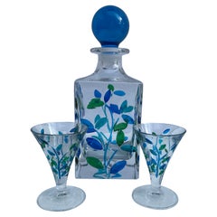 Venetian Painted Glass Decanter and Two Glasses