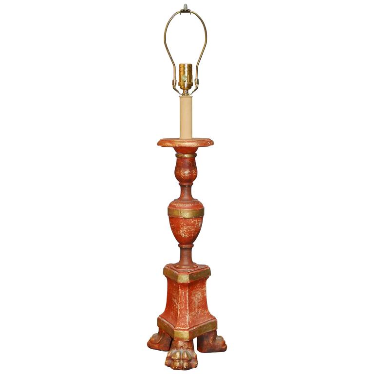 Faux Wood Altar Candlestick Table Lamp For Sale at 1stdibs