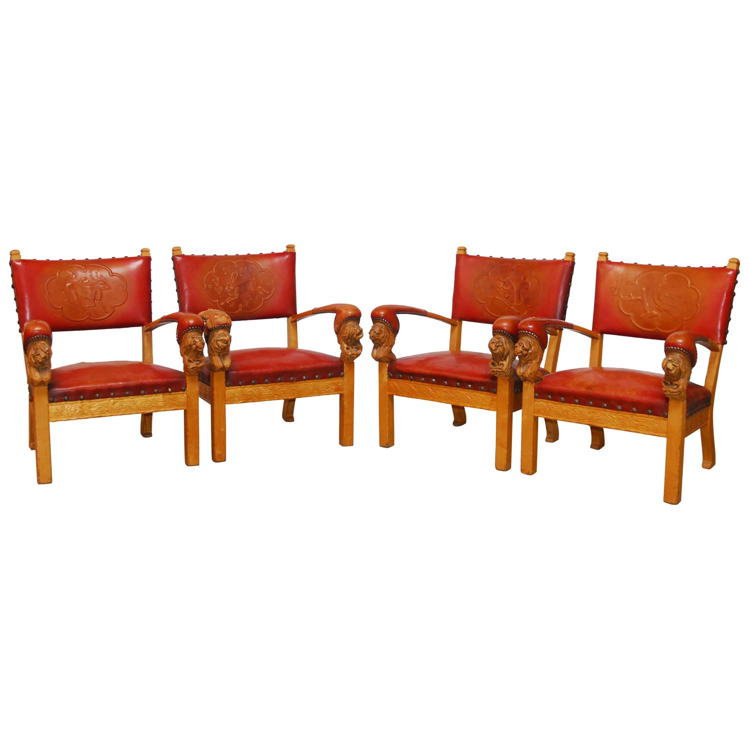 Set of Four Norwegian Folk Art Leather Armchairs