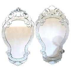 Pair of Antique Italian Foliate Etched Glass Shield Form Venetian Mirrors 20thC