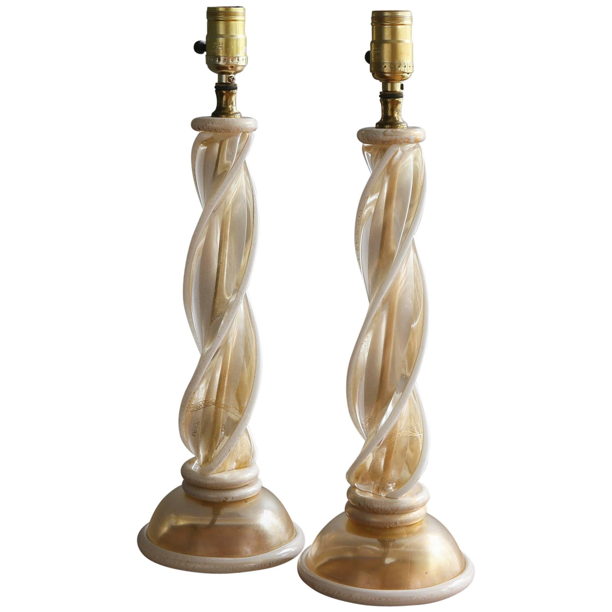 Pair of Murano Glass Twist Table Lamps Attributed to Barovier & Toso For Sale