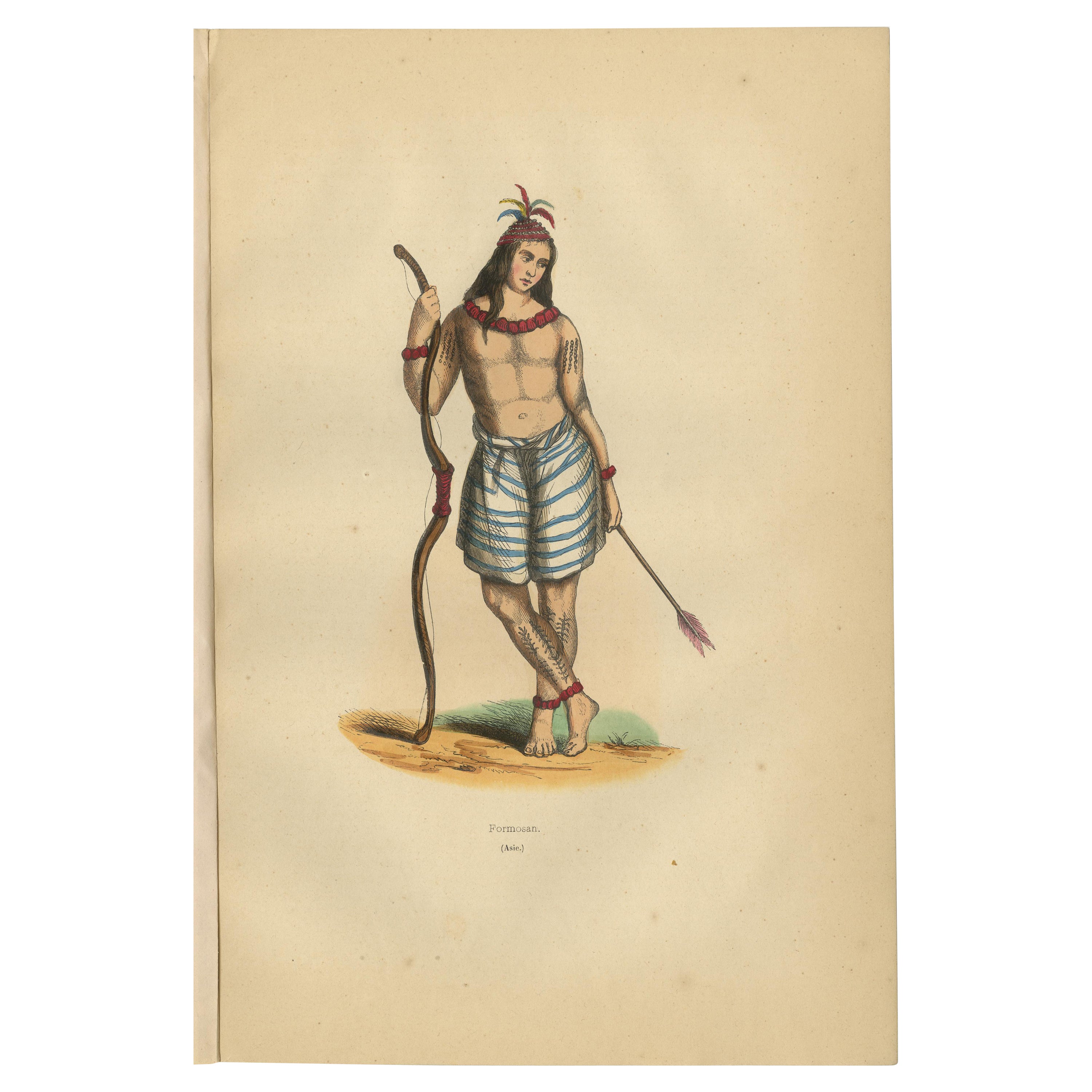 Striking 1844 Lithograph of a Formosan (Taiwanese) Warrior in Traditional Attire
