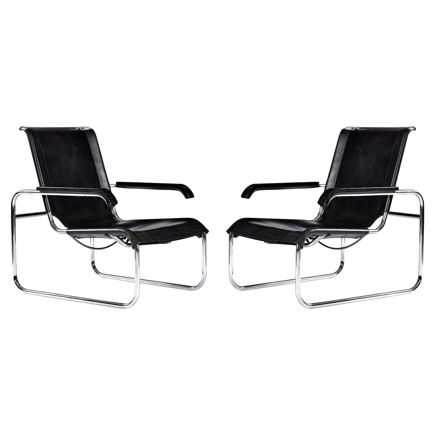 Marcel Breuer For Thonet B35 Cantilever Leather Sling Lounge Chairs Set of 2