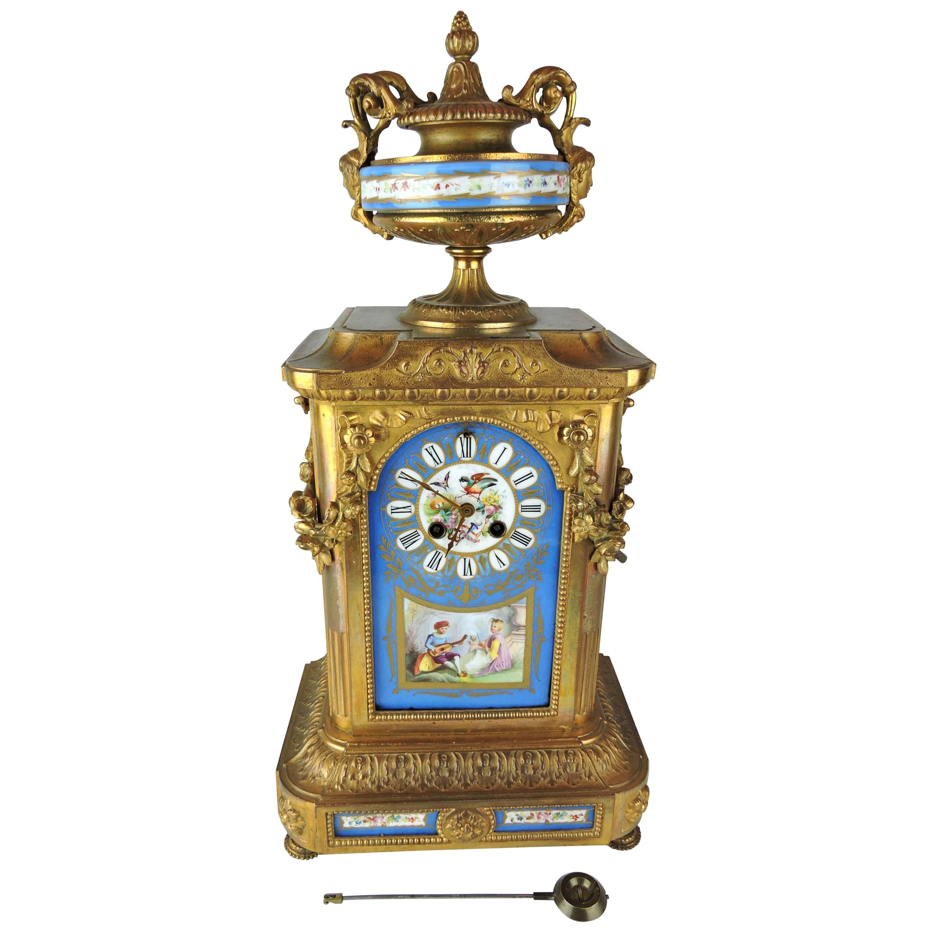 19th Century French Gilt Ormolu and Hand-Painted Porcelain Mantle Clock For Sale