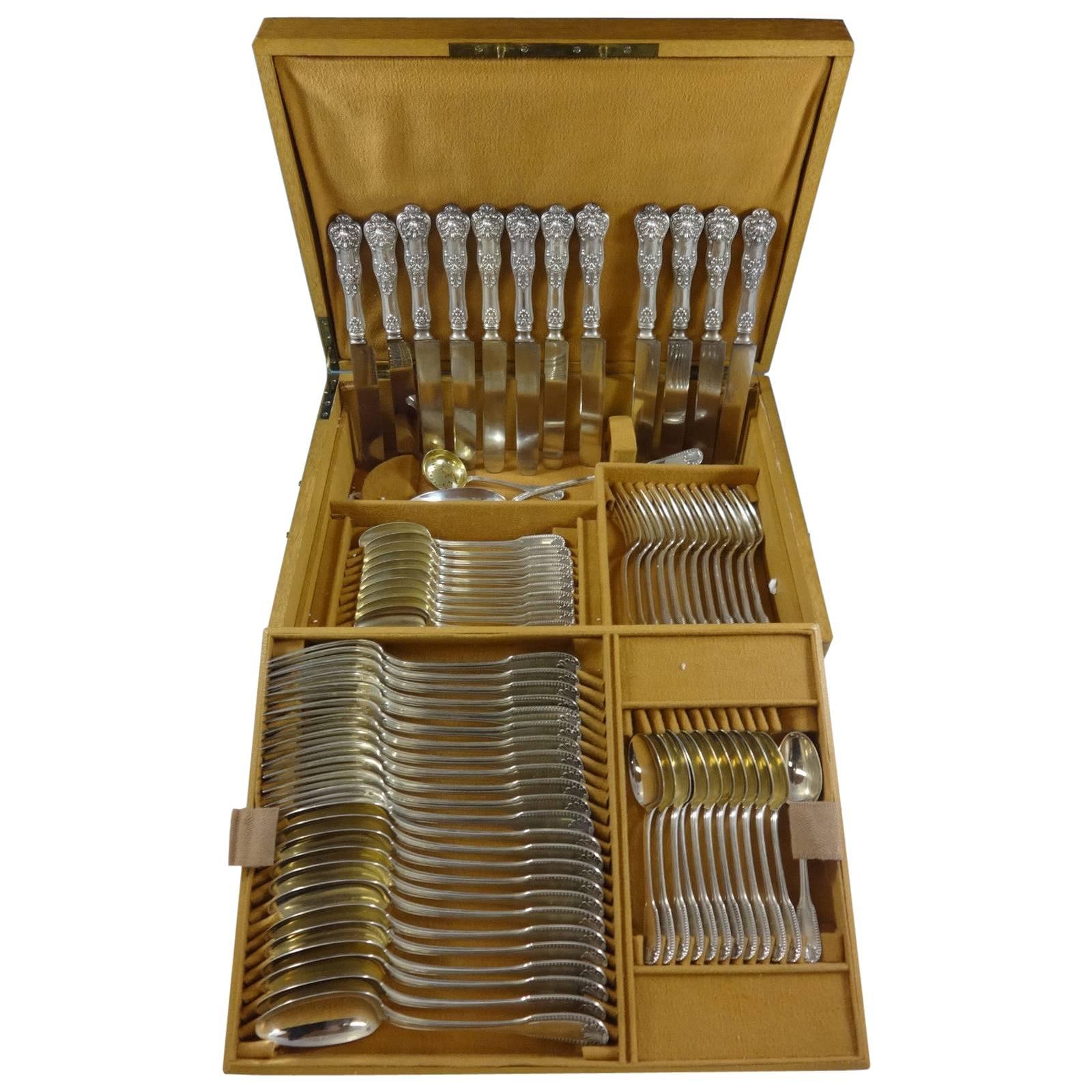 Kings by Campenhout French Sterling Silver Flatware Set Service 75 PC Fitted Box For Sale