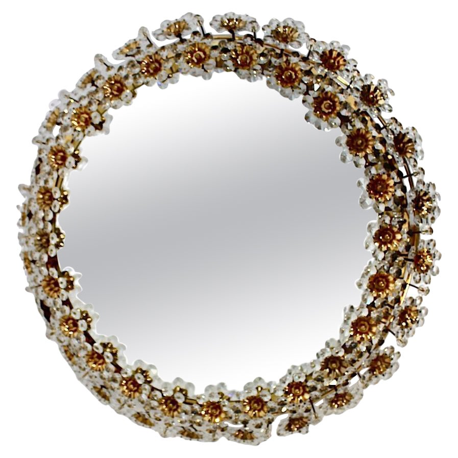 Mid Century Modern Vintage Circular Glass Brass Wall Mirror Flower Palwa 1960s For Sale