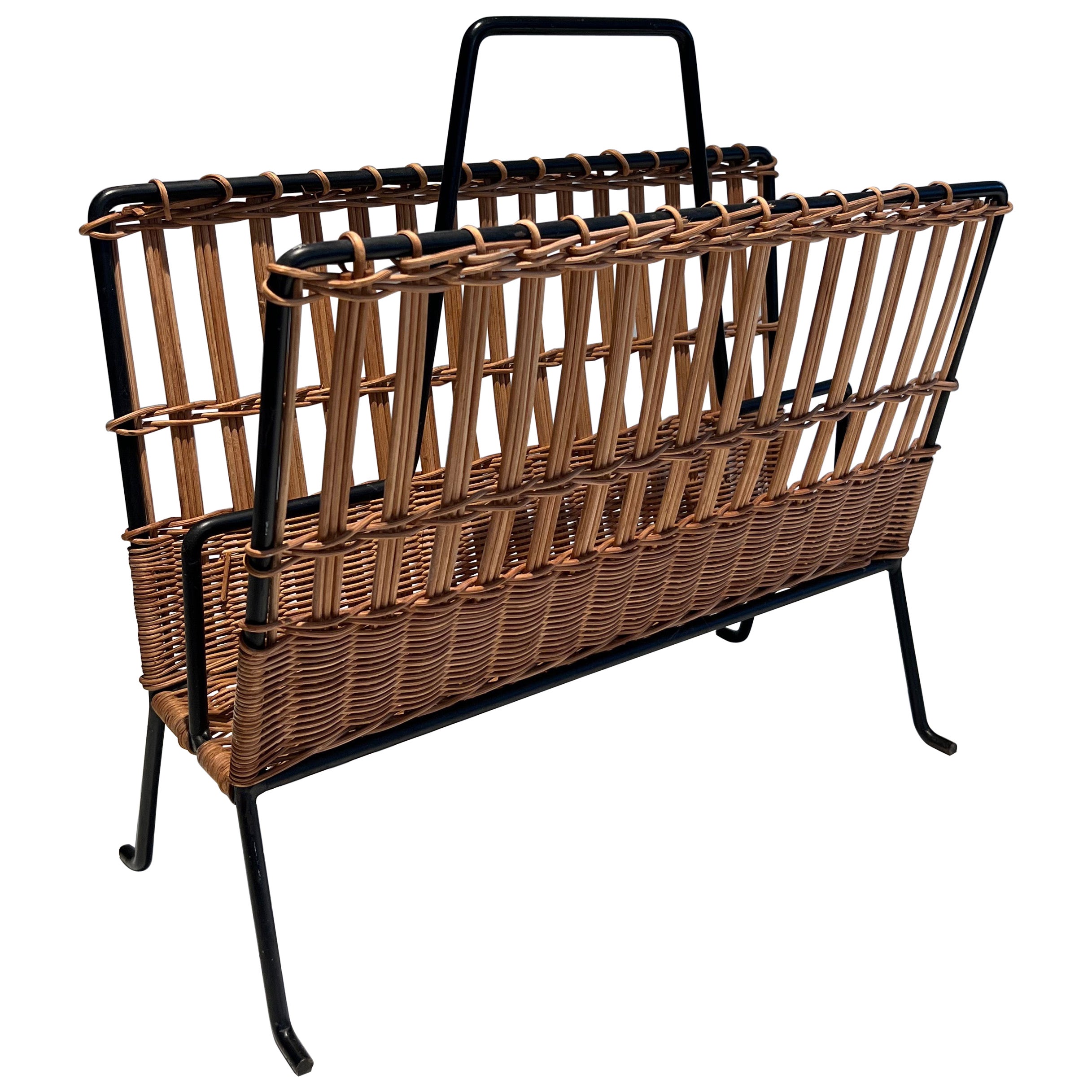 Rattan and Black Lacquered Magazine Rack