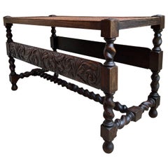 Antique English Barley Twist Bench Carved Oak Cane Seat Duet Size Dining Bench