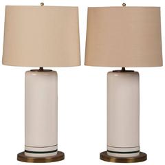 Pair of White English Porcelain Jars, Green Stripes, Brass Bases, circa 1930