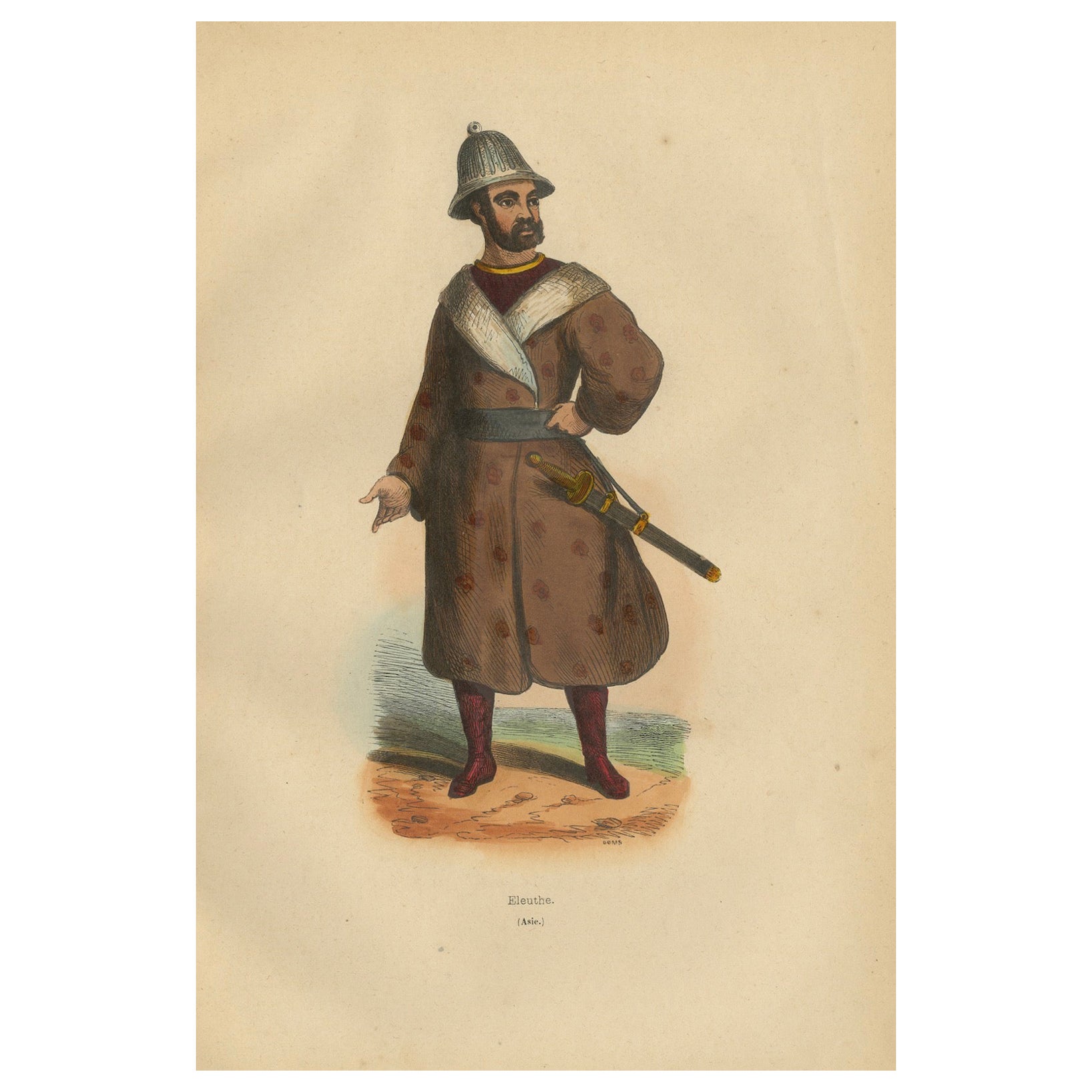 Traditional Eleuth Warrior Attire in 1844 Hand-Colored Lithograph