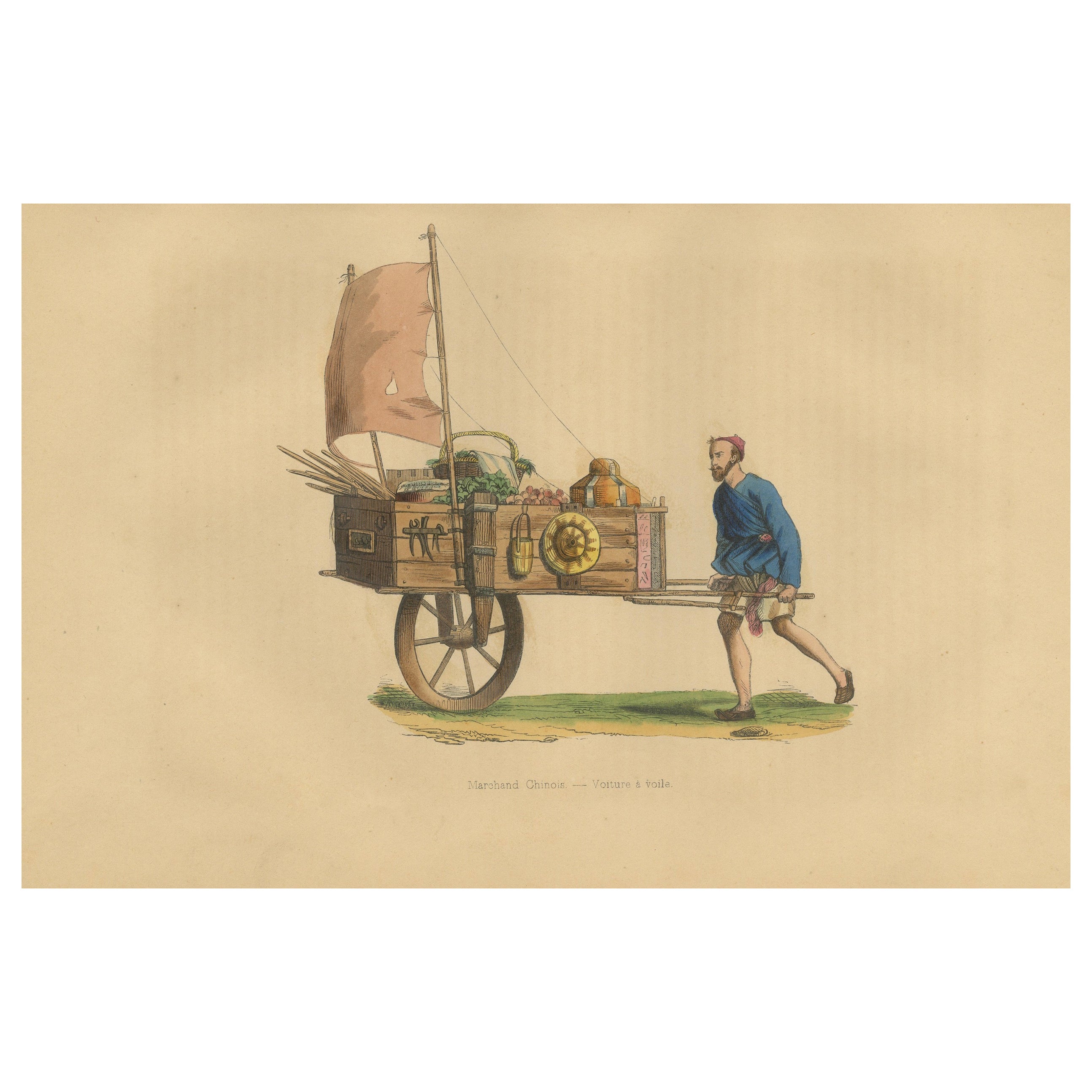 Chinese Merchant with Sail Cart from Wahlen's 1844 Lithographs