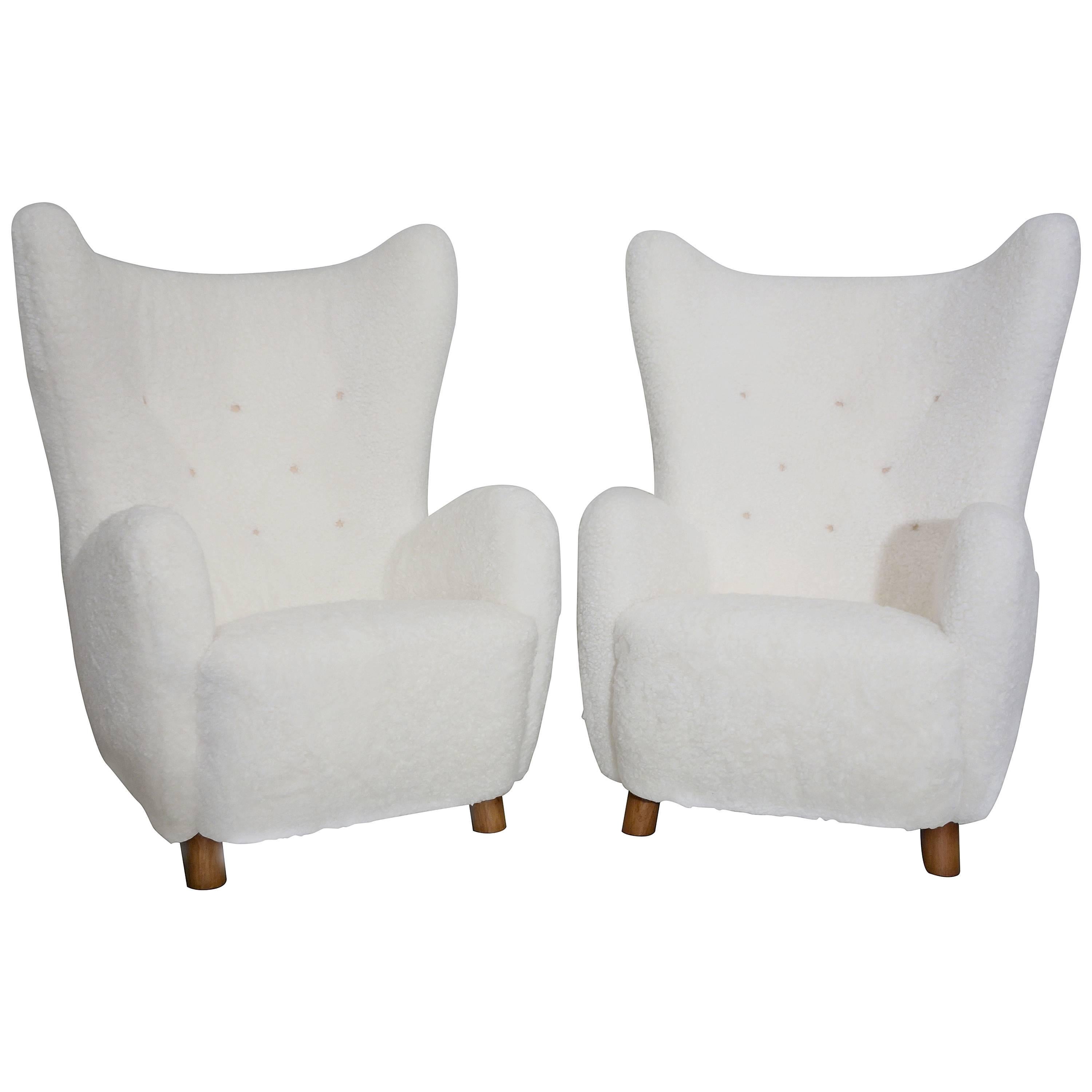Mogens Lassen Pair of 1940s Easy Chairs in Sheepskin For Sale