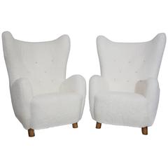 Mogens Lassen Pair of 1940s Easy Chairs in Sheepskin