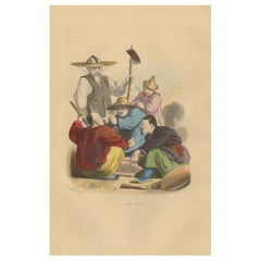 Antique Chinese Laborers Gambling in Traditional Attire from Wahlen's 1844 Lithographs