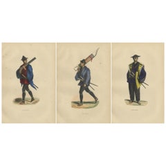 Japanese Soldiers Depicted in Hand-Colored Lithographs, Published in 1844
