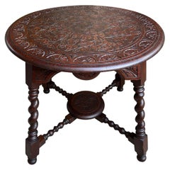Antique English ROUND Side Center Table BARLEY TWIST Carved Oak Jacobean c1910