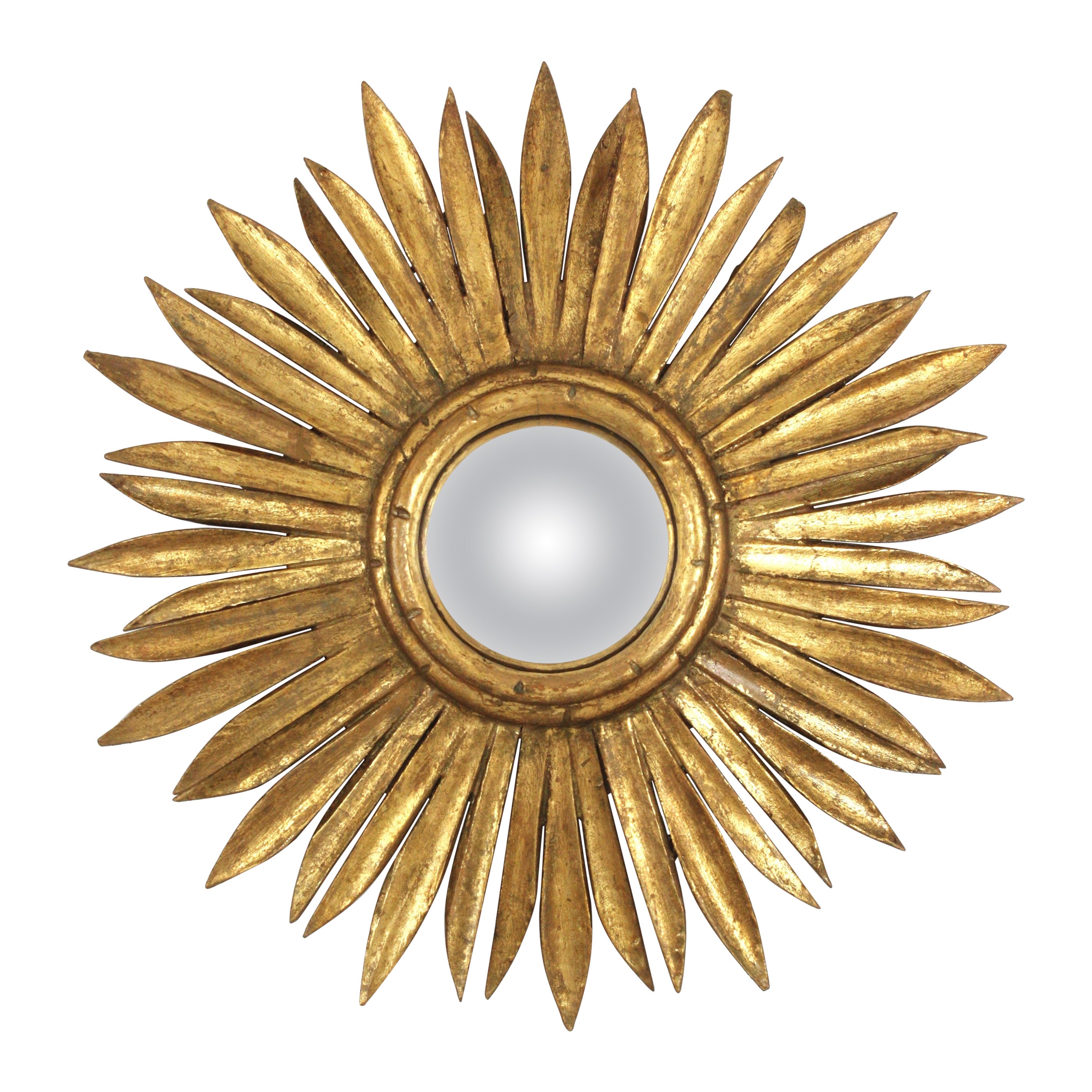 Spanischer Hollywood Regency Sunburst-Spiegel aus Giltwood mit konvexem Glas