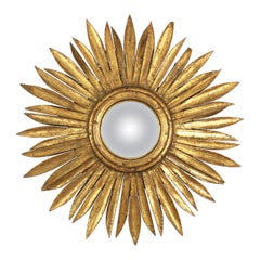 Spanischer Hollywood Regency Sunburst-Spiegel aus Giltwood mit konvexem Glas