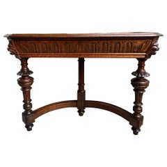 Antique French Console Hall Table Renaissance Revival Demilune Carved Oak c1900