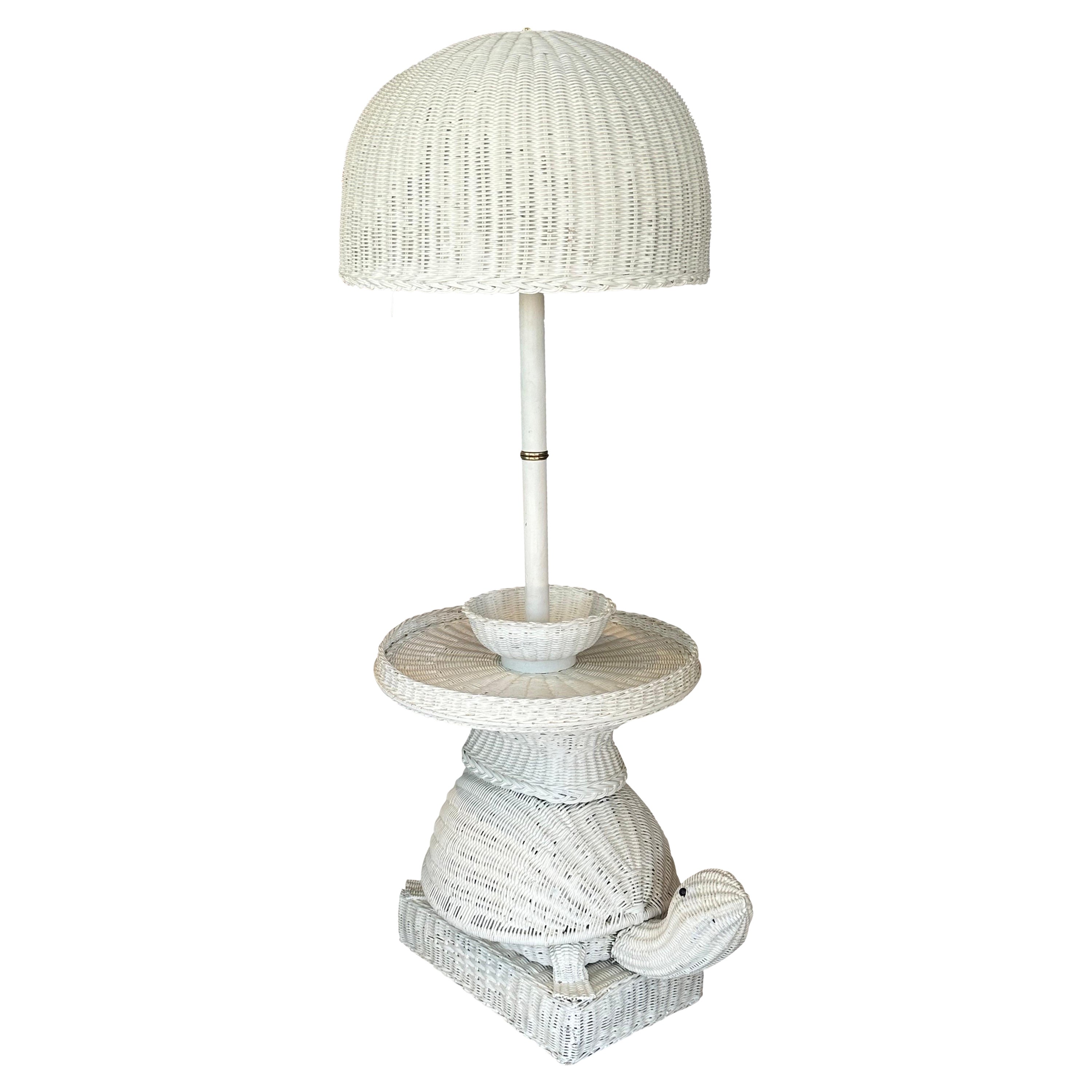 Vintage Palm Beach Wicker Turtle Floor End Side Table Lamp Newly Wired